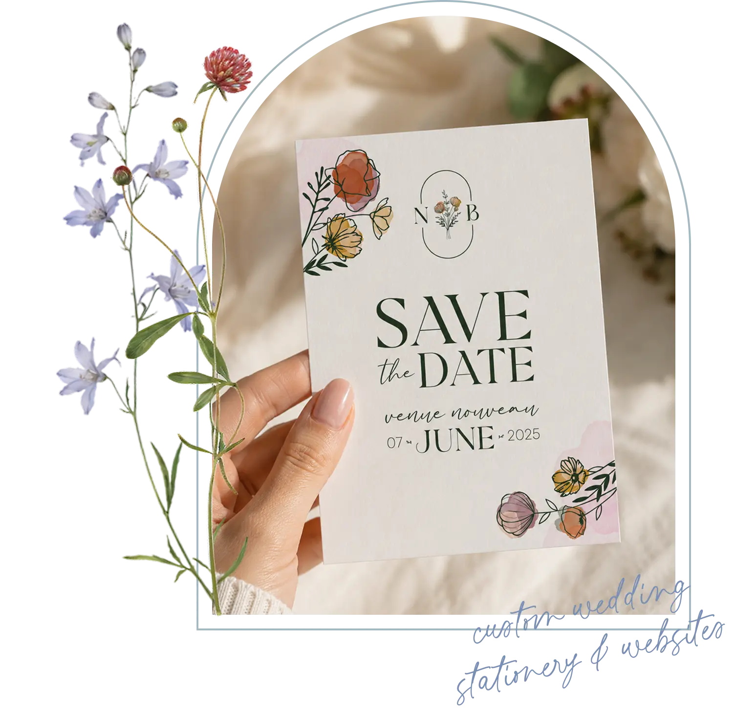 Custom floral save the date card for a wedding invitation suite