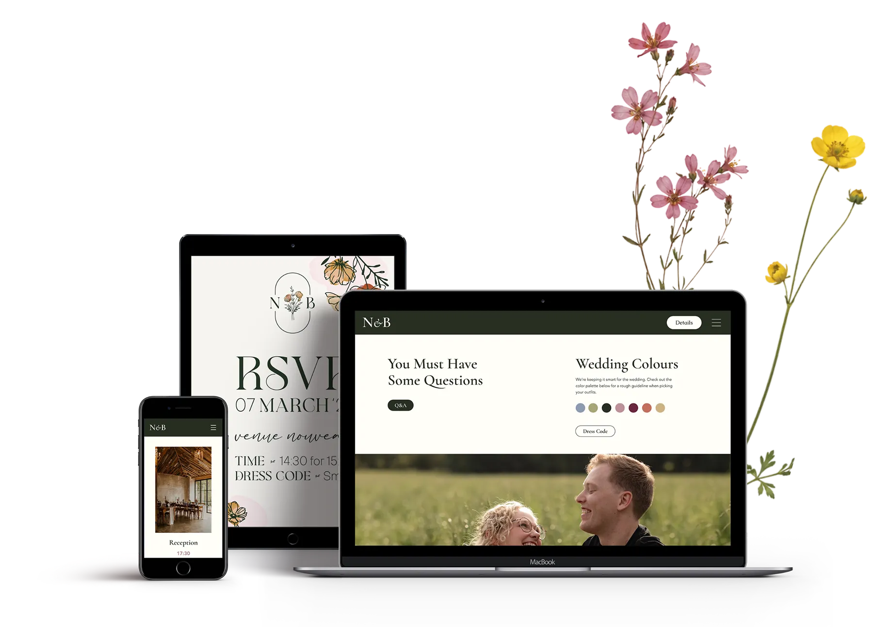 Custom wedding website displayed on desktop, tablet and mobile devices